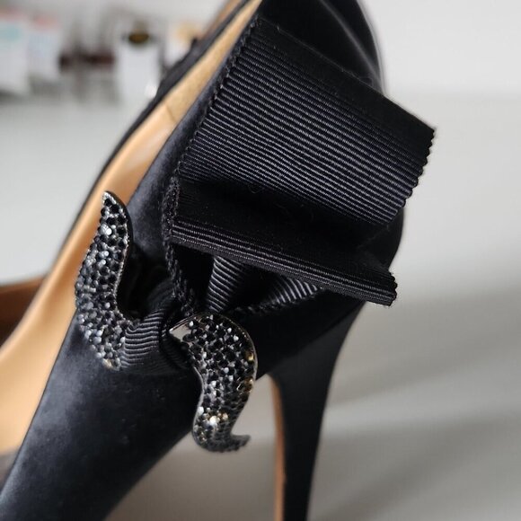 BADGLEY MISCHKA | Satin heels embellished bow crystals black sz 8 - Picture 3 of 9